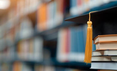 Graduation Cap on Books in Library