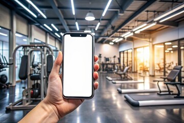 UI UX mockup image of smartphone with blank transparent screen, in hand by the gym with exercise equipment environment furnishings. For fitness apps and websites marketing. PNG background