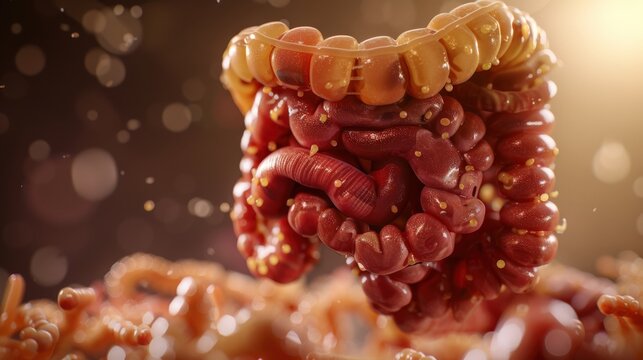 A close up of a red and yellow stomach with a white label that says "Gut"