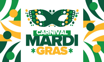 Mardi Gras Carnival in New Orleans. Fat Tuesday. Traditional folk festival with parade and celebration. Annual holiday. Costume masquerade, fun party. Carnival mask. Poster, card, banner. Vector