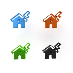 Colorful House and lightning icon isolated on white background. House with thunderbolt for house or property insurance symbol. Minimalism concept. 3D render illustration