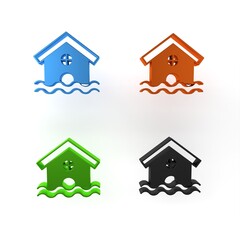 Colorful House flood icon isolated on white background. Home flooding under water. Insurance concept. Security, safety, protection, protect concept. Minimalism concept. 3D render illustration