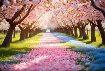 Naklejka premium vibrant blossoming cherry orchard full bloom during spring season pink white petals, trees, garden, flowers, blossoms, nature, beautiful, scenic, landscape
