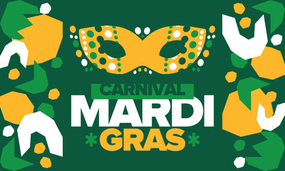 Mardi Gras Carnival in New Orleans. Fat Tuesday. Traditional folk festival with parade and celebration. Annual holiday. Costume masquerade, fun party. Carnival mask. Poster, card, banner. Vector