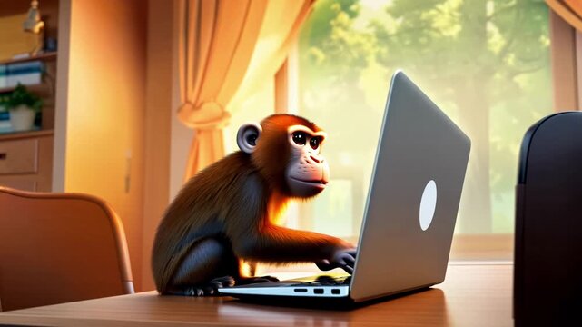 A monkey is sitting on a laptop keyboard. The monkey is looking at the camera and he is typing. The scene is playful and lighthearted, with the monkey being the main focus of the image