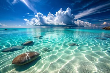 Turquoise waters lap against a pristine white sand beach, with underwater stones visible beneath the calm surface, creating a peaceful and idyllic ocean scene.