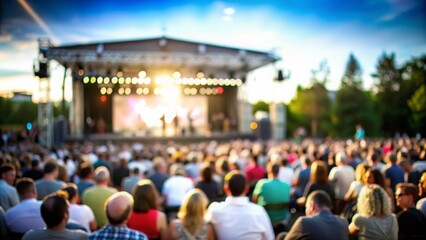 Obraz premium Crowd at Outdoor Theater Performance - People enjoying an outdoor theater performance with a blurred stage and surrounding scenery. 