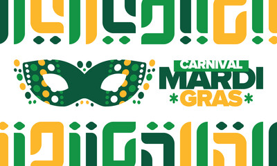 Fototapeta premium Mardi Gras Carnival in New Orleans. Fat Tuesday. Traditional folk festival with parade and celebration. Annual holiday. Costume masquerade, fun party. Carnival mask. Poster, card, banner. Vector