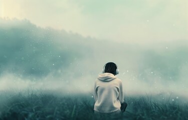 Obraz premium Woman Listening to Music in Foggy Field