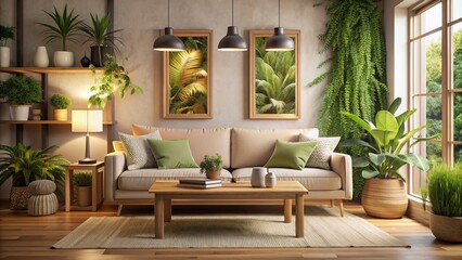 Cozy Scandinavian-inspired living room with natural wood frames, beige sofa, and rustic wooden coffee table surrounded by lush green plants and soft warm lighting.