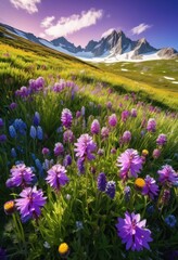 vibrant alpine meadow colorful blooming wildflowers under clear blue sky majestic mountain range, nature, landscape, scenery, outdoor, wilderness, flora, fauna