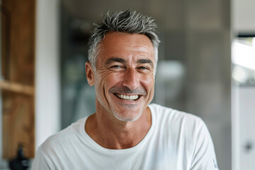 Obraz premium Middle-aged man with grey hair smiling broadly, wearing a white t-shirt in a bright room.