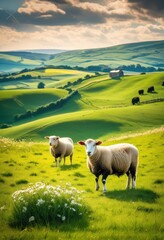 Fototapeta premium serene countryside landscape grazing animals under clear blue sky lush green fields, nature, rural, scenic, scenery, meadow, pasture, flora, fauna, farm
