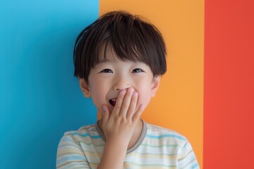 口に手をあてて喜んでいる幸せそうな日本人の男の子（キッズモデル・嬉しい・楽しい）