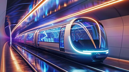 Dynamic Futuristic Tunnel Automated People Mover Surrounded by Kinetic Sculptures in Motion