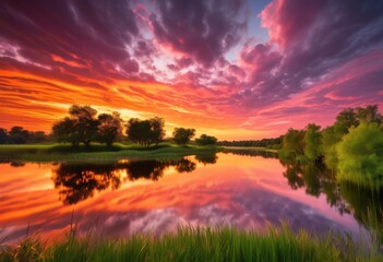 Obraz premium serene sunset over winding river vibrant sky reflective water natural landscape, riverscape, nature, orange, pink, purple, horizon, trees, calm, tranquil