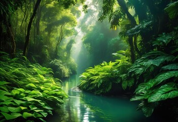 Obraz premium sunlit river flowing through dense jungle lush greenery vibrant foliage under bright sunlight, rivers, jungles, trees, plants, water, nature, scenery