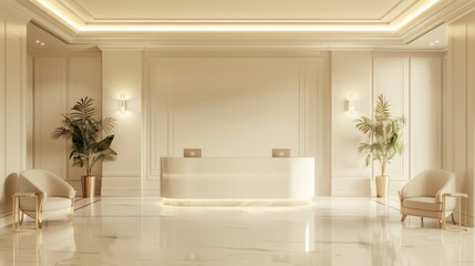 A large room with a white wall and a white desk