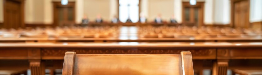 empty wooden chair in a blurred background of a large meeting room, emphasizing the individuality of a single seat in a crowd