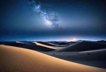 Naklejka premium serene desert dunes under moonlit sky gentle shadows soft silhouettes illuminated moonlight, sand, night, landscape, texture, nighttime, expanse, horizon