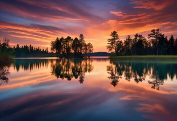 Obraz premium serene twilight lake reflections trees gentle ripples water soft evening light, sky, surface, calm, tranquil, nature, landscape, scenery, dusk, sunset, mirror