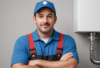 Portrait view of a regular Plumber , candid, social media, avatar image, plain solid background