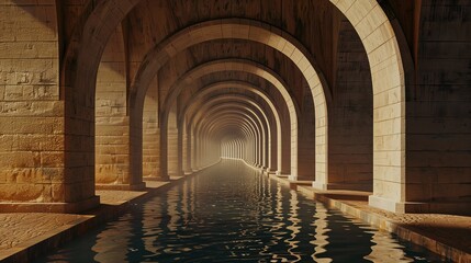 The image depicts a seemingly endless, dimly lit aqueduct or canal. The water reflects the sunlight filtering through the arches, creating a mesmerizing play of light and shadow.