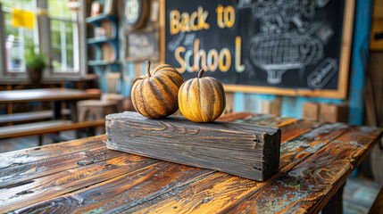 Rustic wooden sign with Back to School inscription on a wooden table with two decorative pumpkins.