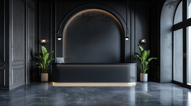 A black room with a black desk and two potted plants