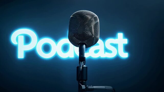 A microphone is lit up with the word podcast on it. The microphone is pointing towards the camera