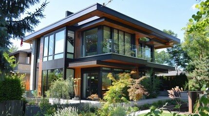 Write about the architectural contrast of a modernist house exterior in an urban setting