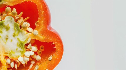 A cross-section of a bell pepper, showcasing its seeds and vibrant color on a white backdrop. 