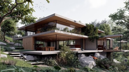 Write about the architectural design of an isolated house that harmonizes with its natural surroundings.