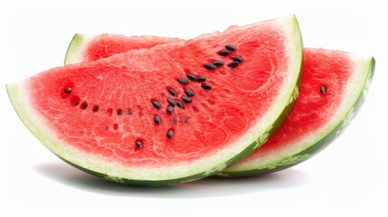A juicy slice of watermelon, bright red with black seeds, beautifully contrasted on a white backdrop. 
