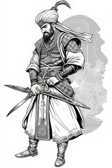 Obraz premium coloring book janissary warrior, full body, hand drown line art