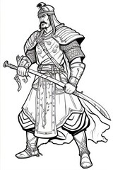 Obraz premium coloring book mongol warrior, full body, hand drown line art