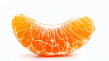 A segment of a tangerine, its bright orange segments juicy and inviting against a white background. 