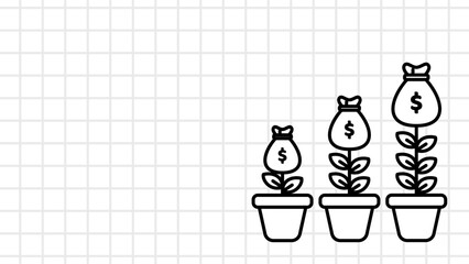 Investment Growth. Lineart Whiteboard Vector of a bag of dollars on a blooming flower.