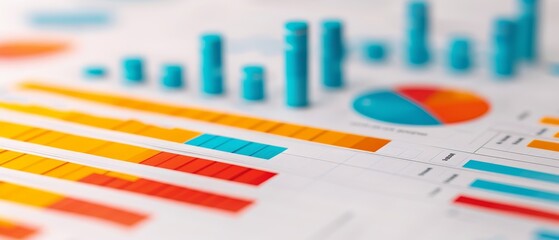close-up of colorful bar chart and pie chart on a white background for business presentation, data visualization, financial report, marketing strategy, growth and progress concept.