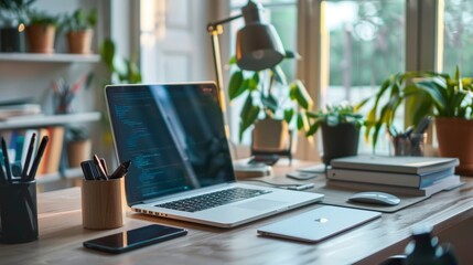 Write about the benefits of using a laptop stand to elevate the screen when placed on a table.
