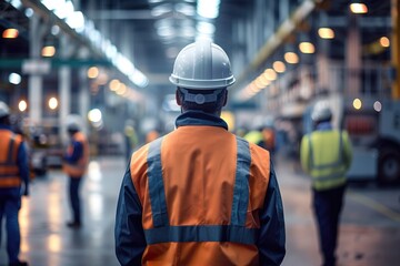 Man in Protective Equipment Conducting Factory Safety Inspection With Colleagues in Background