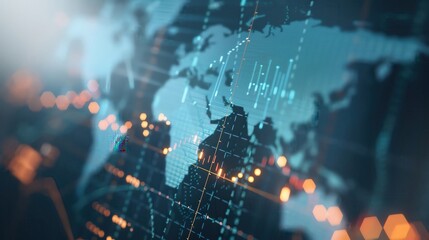 Abstract digital world map overlay with glowing data points, cityscape silhouettes, and network connections. Global technology background.