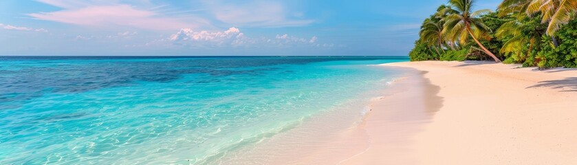 Obraz premium tranquil tropical beach scene with pristine white sand, turquoise water and lush palm trees under a clear blue sky