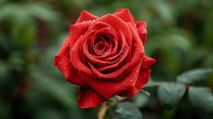 vibrant red rose with dew drops - close up photography of a single red rose with water droplets in a garden setting