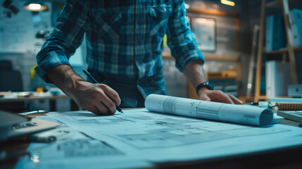 Obraz premium an engineer working on blueprints of a project in modern office