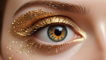 Fototapeta premium Mesmerizing close-up of a female eye enveloped in glistening gold glitter, accentuating the intricate features and alluring makeup