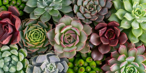 close-up texture of colorful succulents - green, red, and gray rosettes with small green buds - natural background - organic pattern