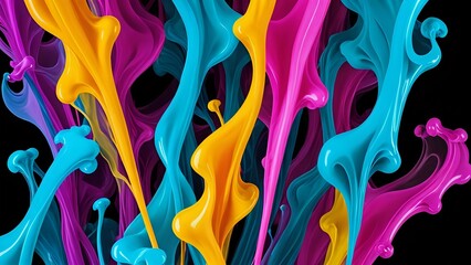 Abstract background with vibrant colors of blue, yellow and pink liquid paint.