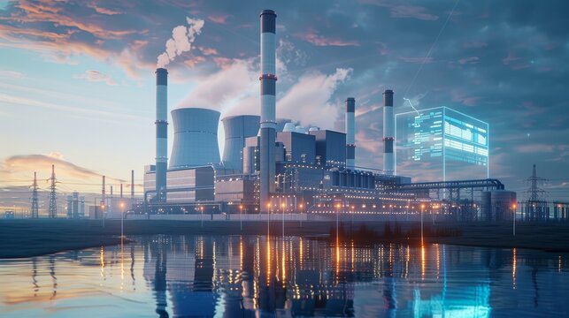 Ecological Elegance Sustainable Power Plant Illuminated by Neon Lights and GWP Index