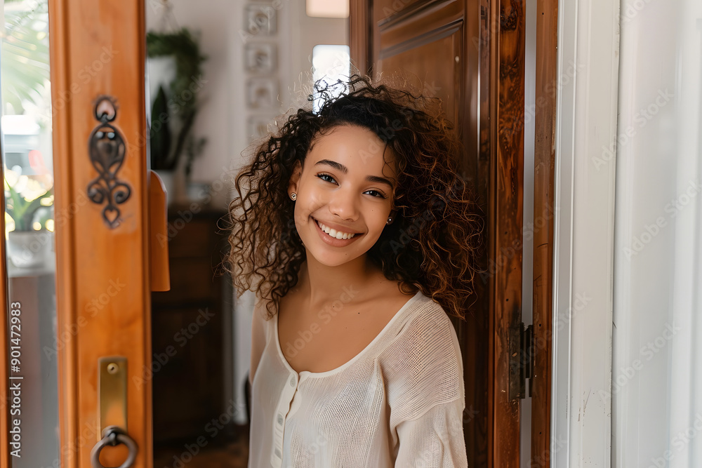 Wall mural cheerful young curly lady receiving guests at front door